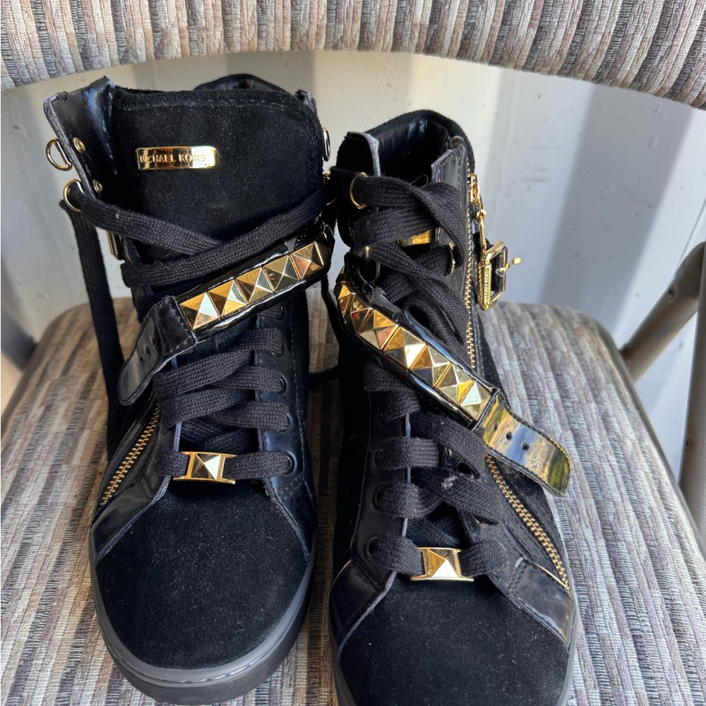 Michael Kors Stylish Black and Gold Women's High-Top Sneakers